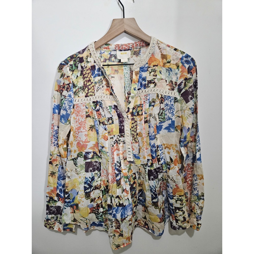 Maeve Anthropologie Patchwork Floral Cotton Blouse Multi Color Crochet‎ Trim 8